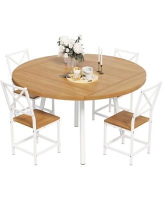 Dining Table Set for 4, Round Kitchen Table and 4 Stool Chair for Dining Room, 44.5" Drop Leaf Desk