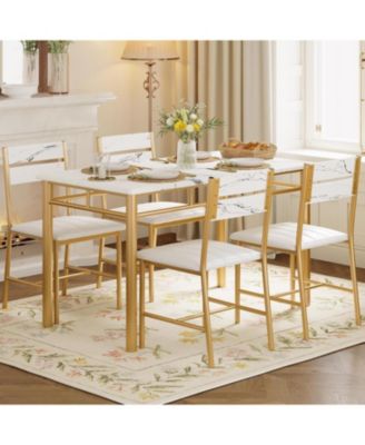 27.6" W Dining Table Set for 4, Wood Kitchen Table with Upholstered Chairs, White & Gold