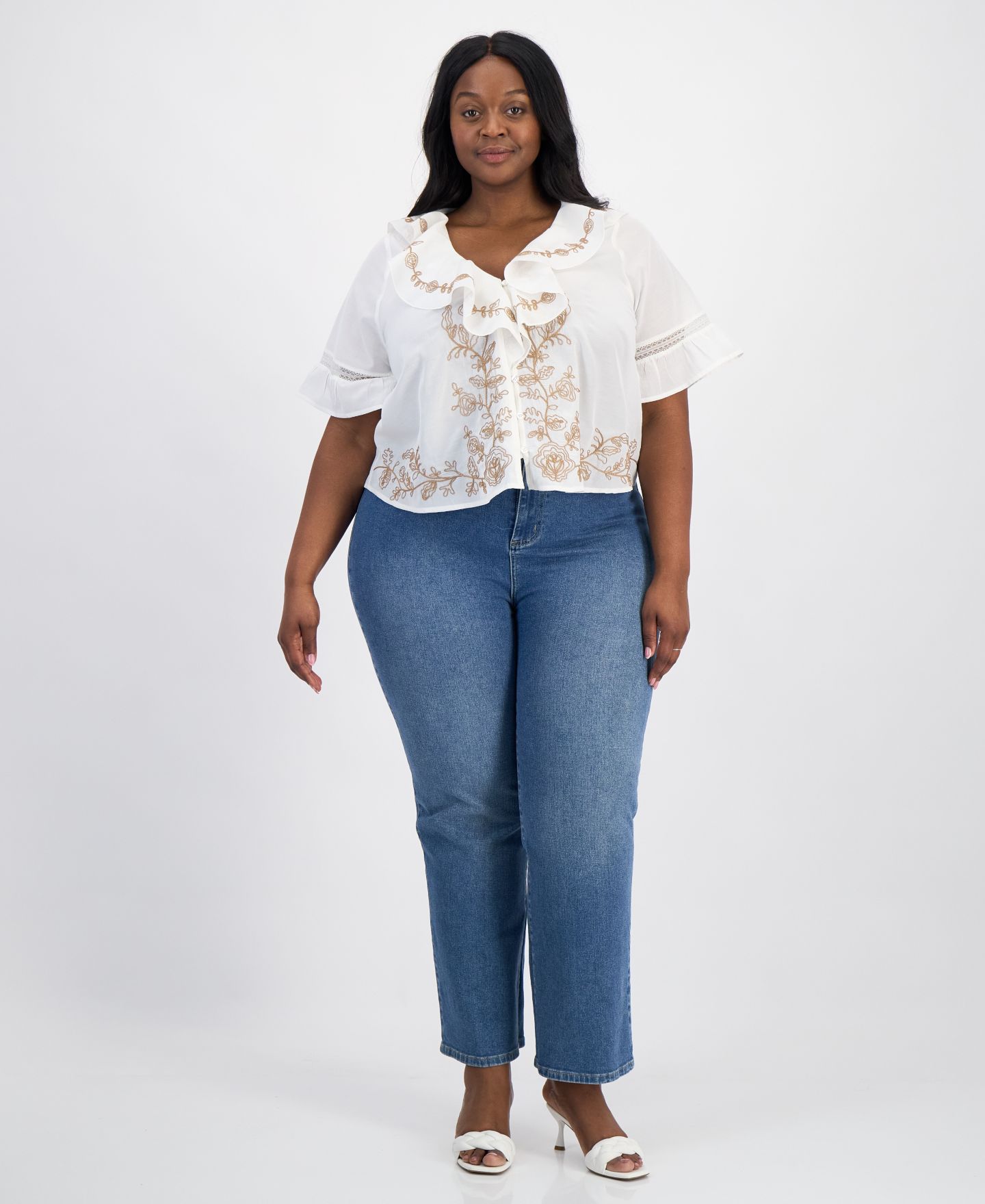 Женская блузка And Now This Plus Embroidered Elbow-Sleeve Flyaway Blouse, цвет: Слоновая кость — фото 2