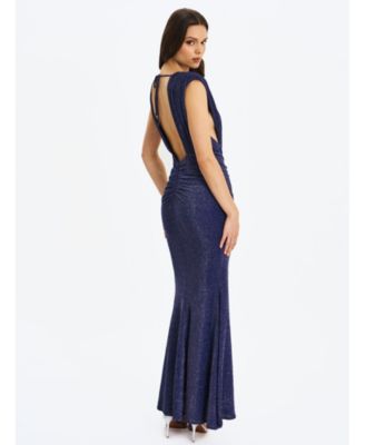 Women's Terri Navy Sparkle Plunging Backless Maxi Dress