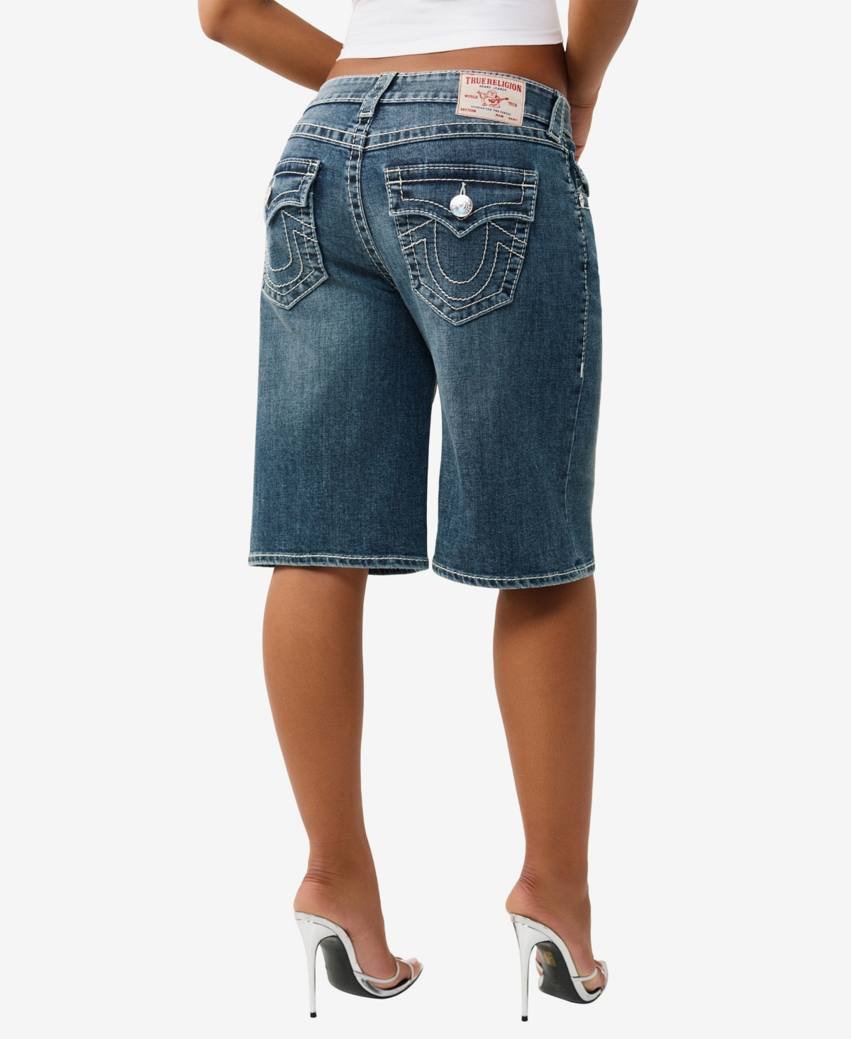 True Religion Women's Baggy Denim Big T Flap Jort Shorts