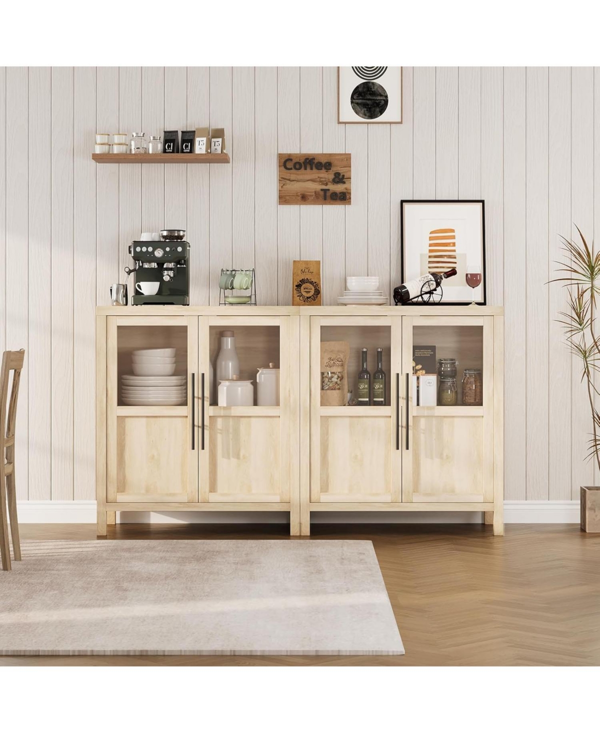 gaomon 29" Large Buffet Sideboard Cabinet with 2 Glass Doors and Shelves, Modern Farmhouse Storage Table for Kitchen Dining Room, Living