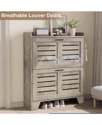 Narrow freestanding shoe cabinet with 2 flip drawers, hidden slim storage, and hooks, ideal for entryway or foyer.
