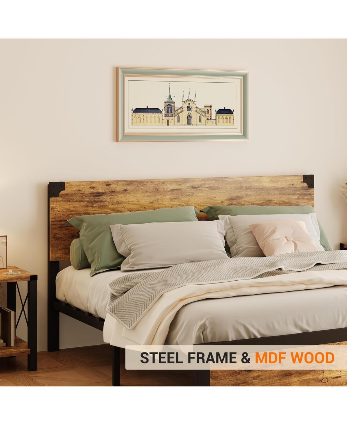 Gamon Rustic Brown King Platform Bed Frame with Wooden Headboard & Under Bed Storage