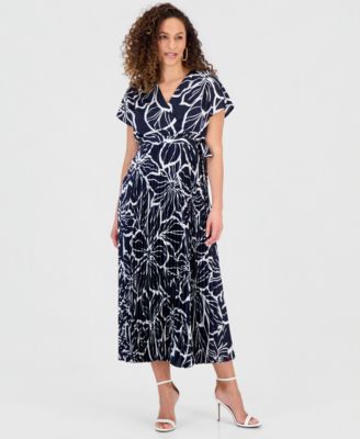 Women's Printed Surplice-Neck Pleat-Skirt Dress