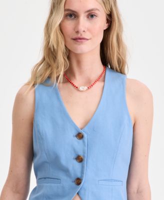Women's Linen Blend V-Neck Button-Front Vest