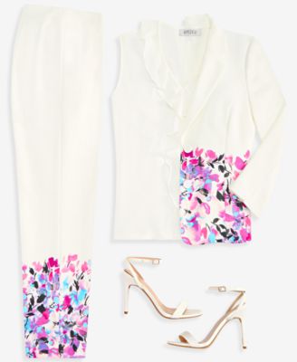 Floral-Print Blazer, Ruffled Top & Floral-Print Pants