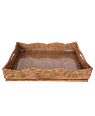 Rattan Scallop Rectangular Tray with Glass Insert
