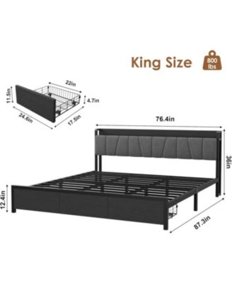 Bed Frame with a Functional Storage Headboard, Industrial Full Platform Bed with 2 Large Drawers Plus a Charging Station