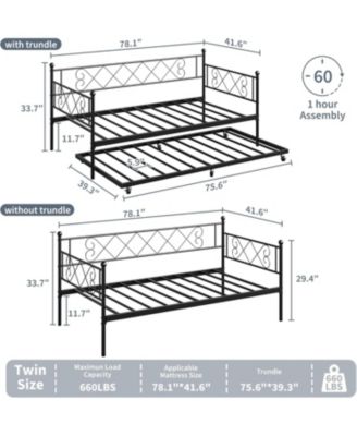 Daybed with Trundle, Twin Metal Bed Frame with Heart-Shaped Headboard, Sturdy Steel Slat Support