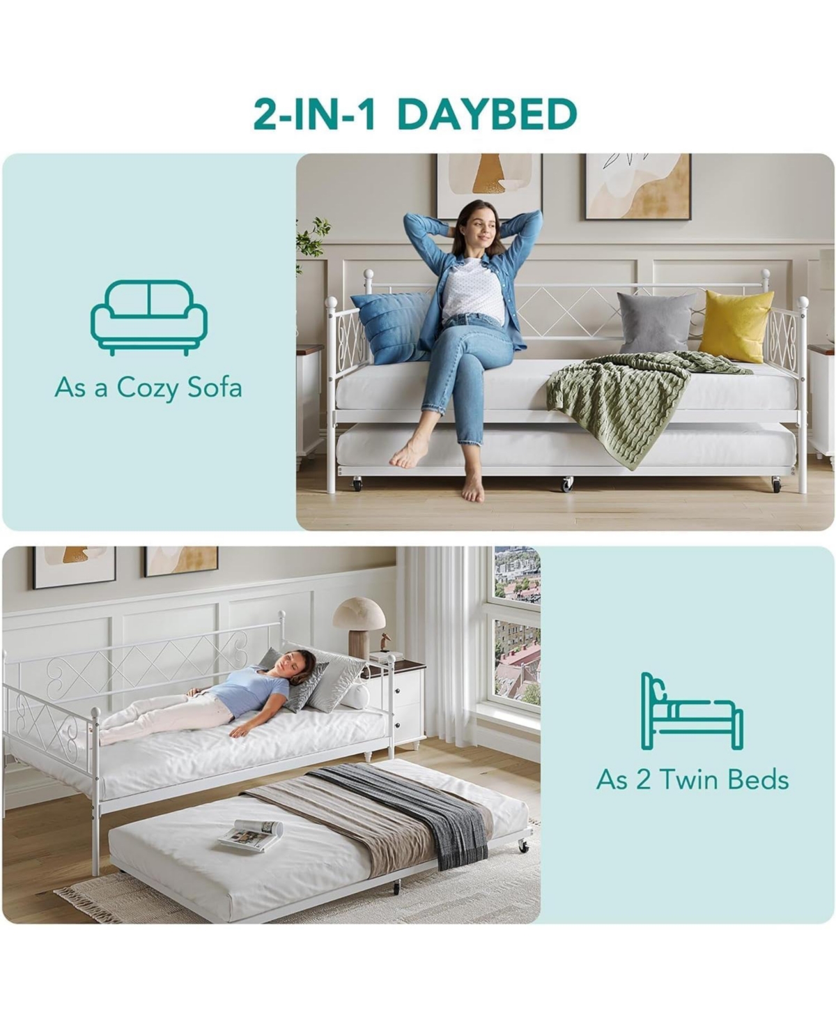 gaomon Daybed with Trundle, Twin Metal Bed Frame Heart-Shaped Headboard, Sturdy Steel Slat Support