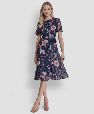 Women's Short Godet-Sleeve Jewel Neck Midi Dress