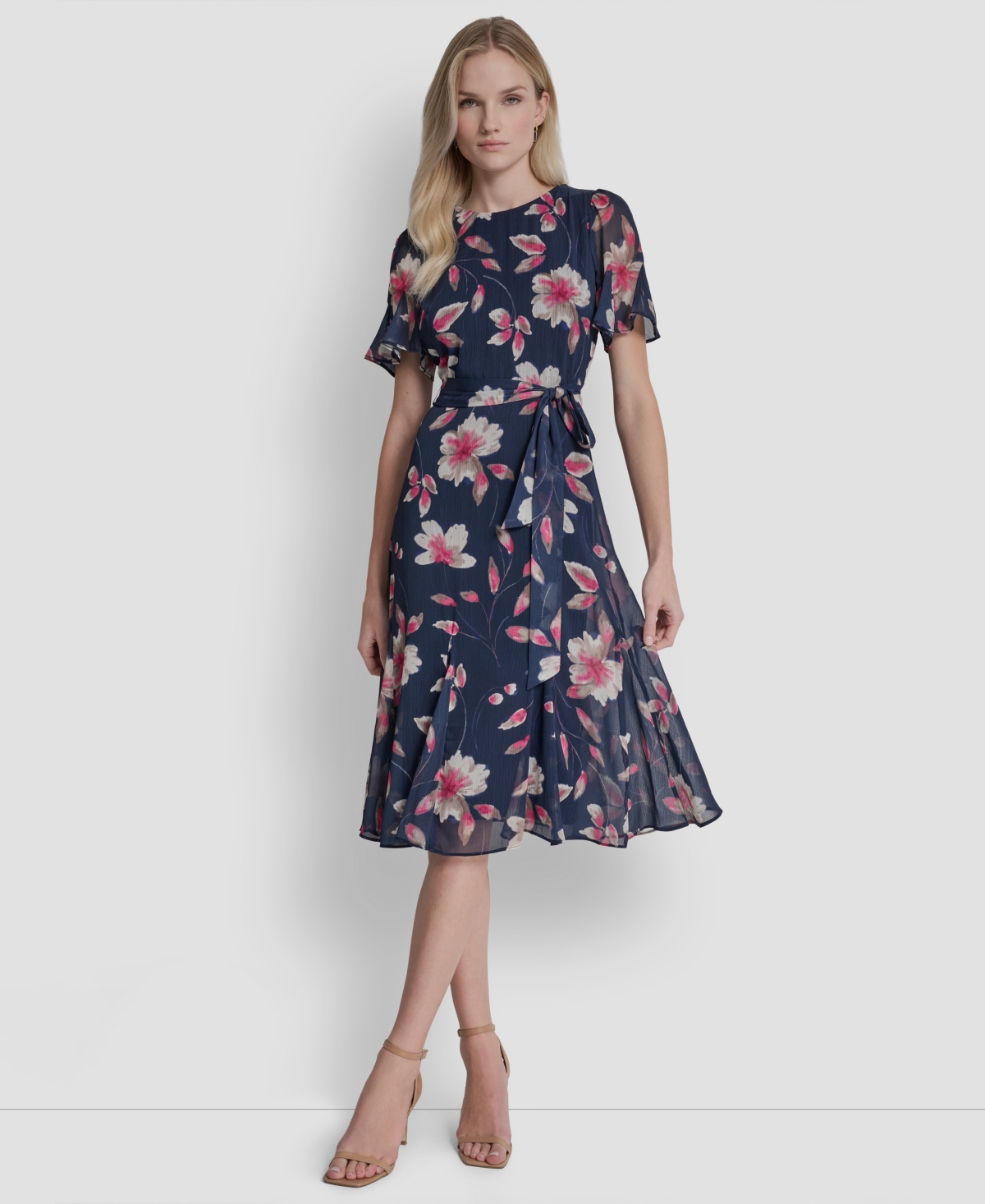 Dkny Women's Short Godet Sleeve Jewel Neck Midi Dress