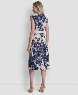 Women's Cap-Sleeve Surplice Neck Belted Midi Dress