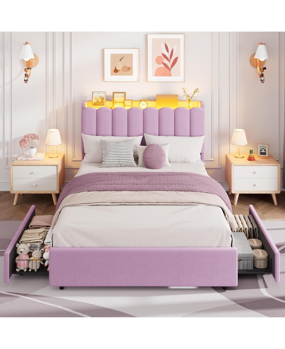 Gaomon Full Size Boucle Upholstered Platform Bed with Wavy Headboard, Storage Bookcase, 2 Drawers