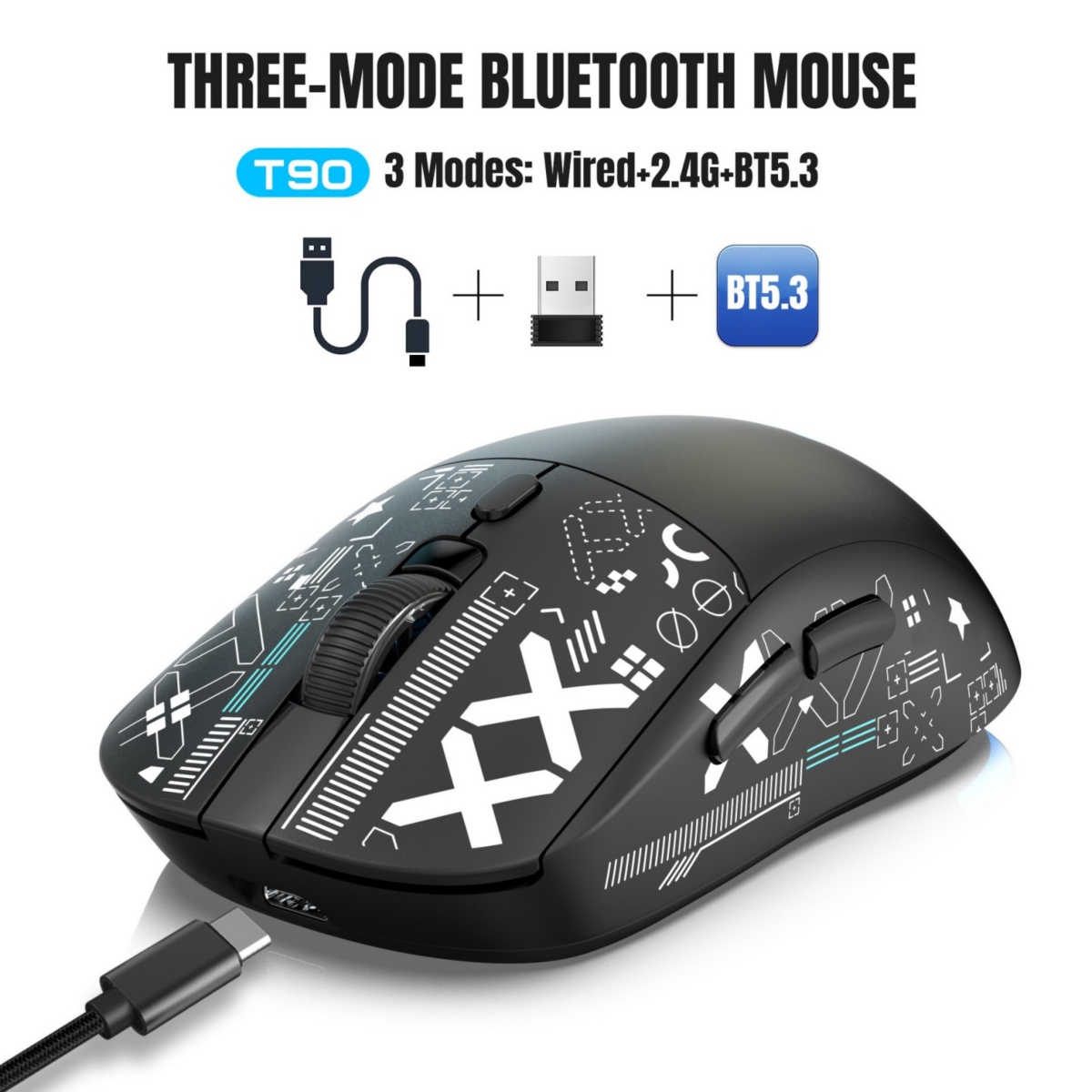 Risokeys Tri-Mode Wired/2.4G/Bluetooth Gaming Mouse, Rgb Backlit Rechargeable 650mAh, 5 Adjustable Dpi 800-3600 for Pc, Laptop