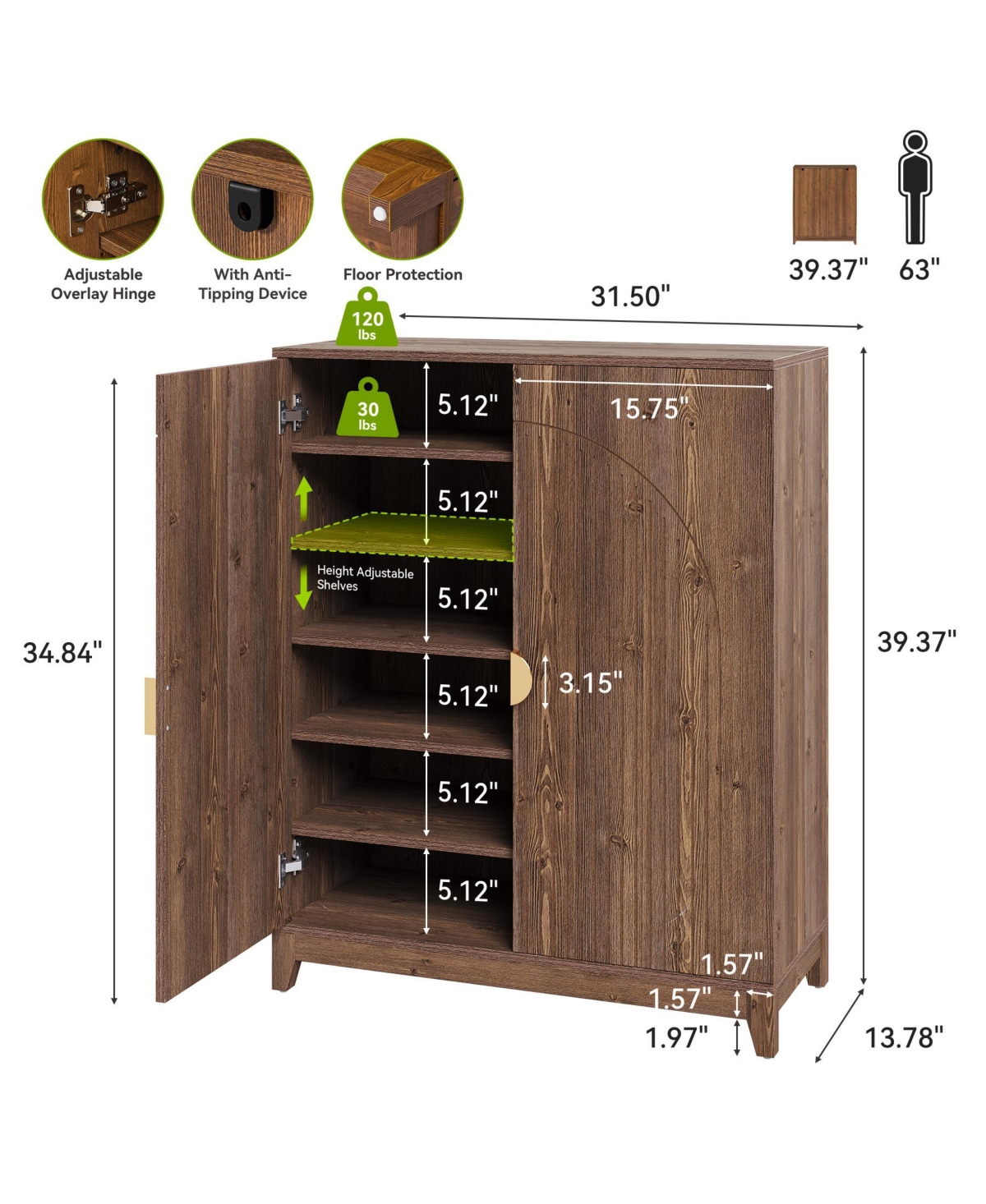 Tribesigns 6 Tier Ribbed Door Shoe Cabinet with Adjustable Shelves