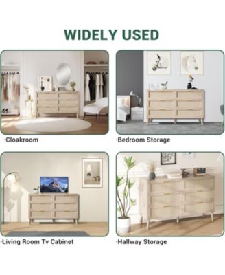 6 Drawer Rattan Dresser, Rattan Chest of Dressers, Mid Century Modern Dresser for Closet with Handles, Large Table Top, Dressers Bedroom