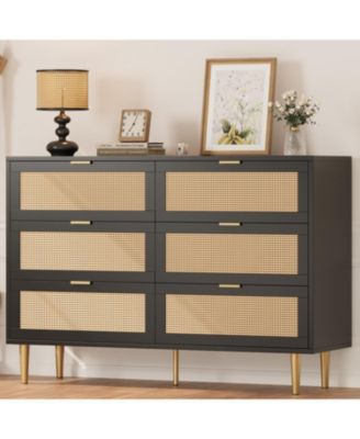 Rattan 6 Drawer Dresser, Modern Chest of Drawers with Gold Legs and Handles, Boho Wide Double Dresser with Large Tabletop Anti-Tipping Design