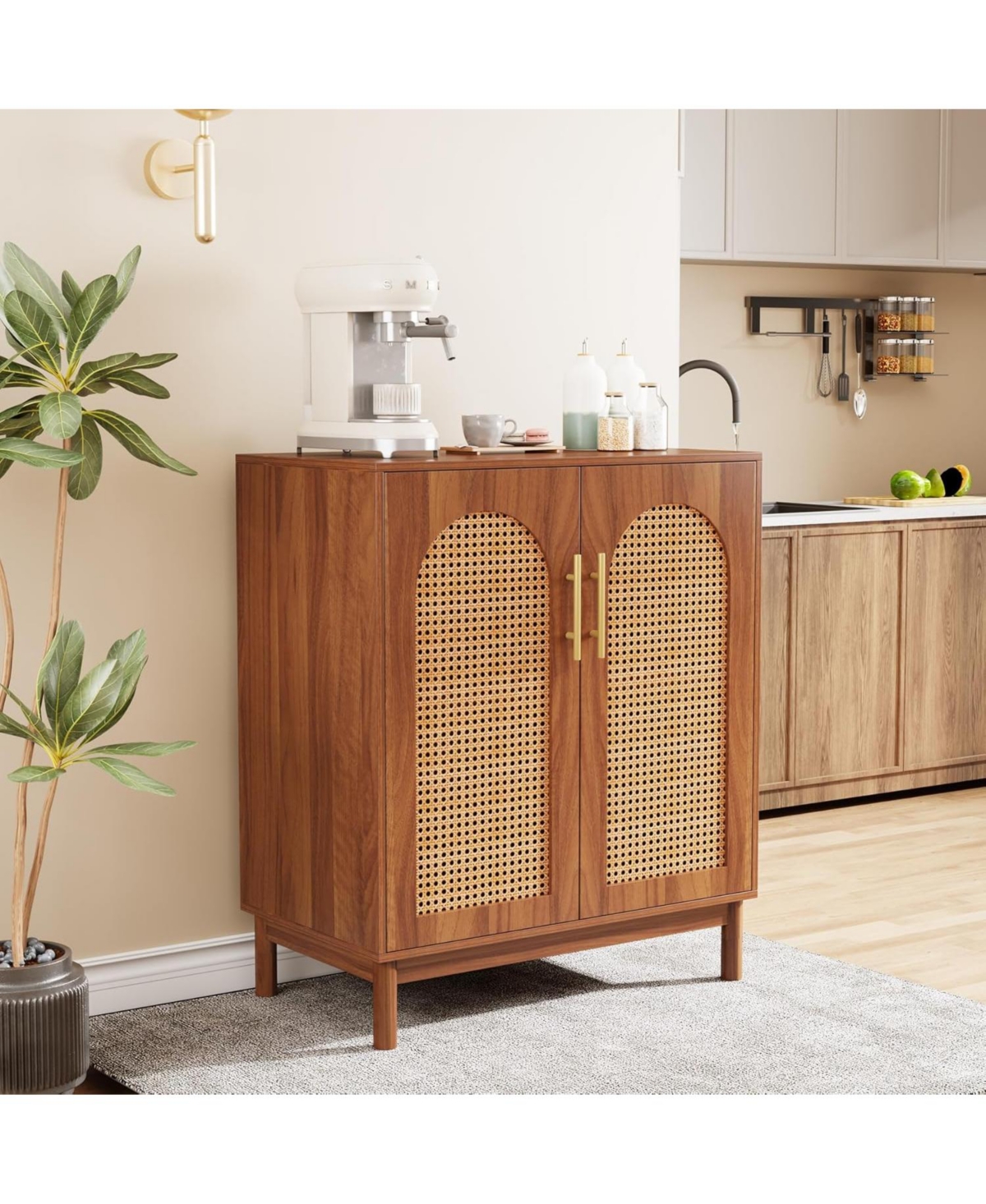 Tribesigns Set of 2 Rattan Sideboard Buffet with Storage, 59 Inch Accent Cabinet Doors, Storage for Dining Room, Living Kitchen