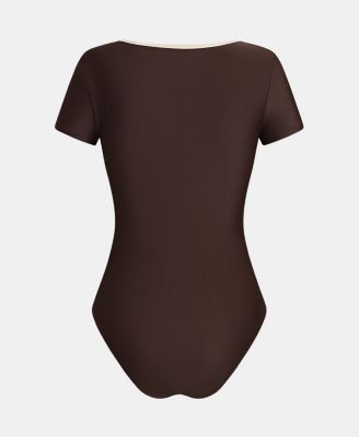 Women's Sporty Short Sleeve Scoop Neck One-Piece Swimsuit