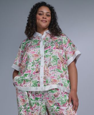 Plus Size Printed Camp Collared Shirt