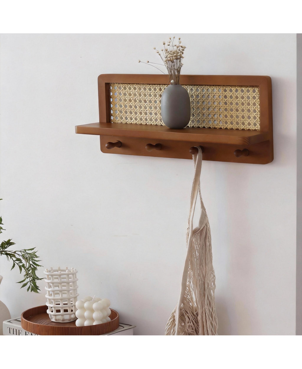 Yigii 4 Wood Key Hooks Pine Board Pe Rattan Grid Coat Rack Decor