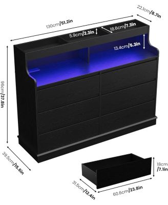6 Drawer Dresser for Bedroom with LED Lights & Charging Station, 51.2" Wide Dresser with Open Shelf