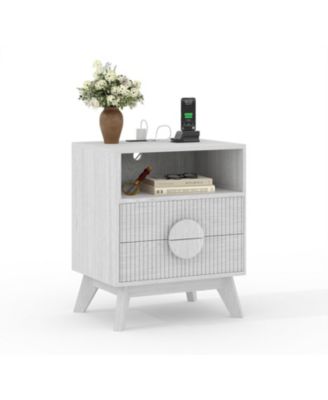 Modern Wood Nightstand with Charging Station, Fluted Bedside Table with Drawers and Shelf for Bedroom, Living Room