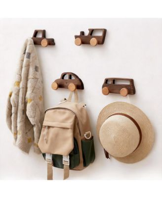Walnut Wood Car-Shaped Coat Hooks for Kids - 4 Pack