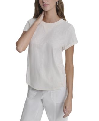 Women's Embroidered Crewneck Logo Roll-Sleeve Top