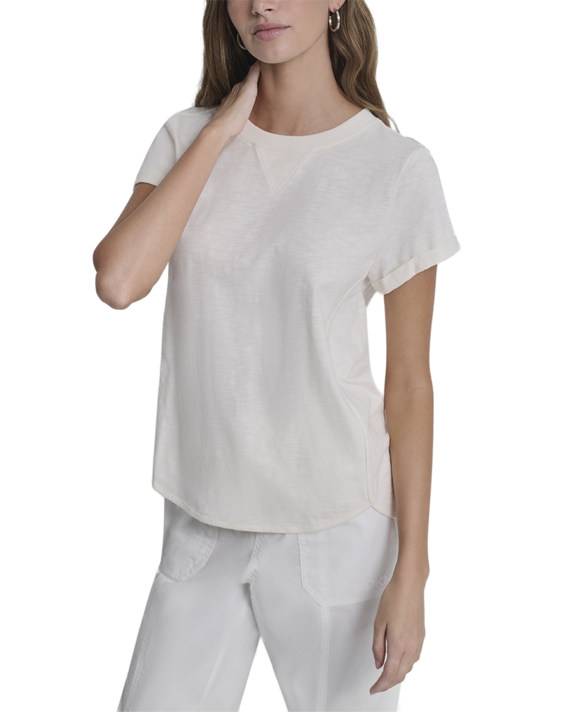 Dkny Sport Women's Embroidered Crewneck Logo Roll-Sleeve Top