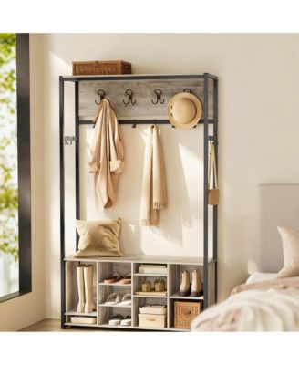 4-in-1 Hall Tree with Bench, Adjustable Shoe Shelves, 14 Hooks, Industrial Style