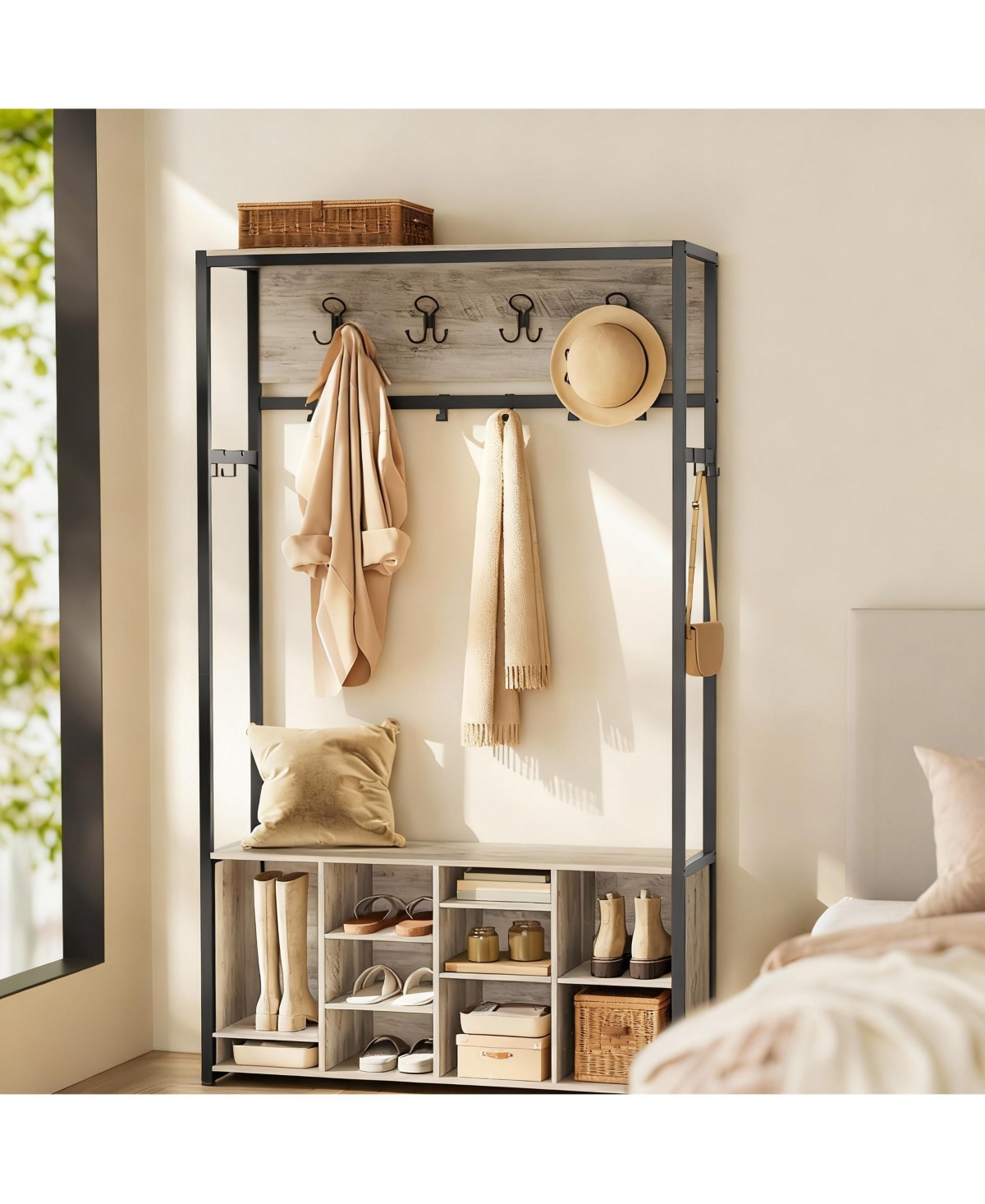 Yigii 4-in-1 Hall Tree with Bench, Adjustable Shoe Shelves, 14 Hooks, Industrial Style
