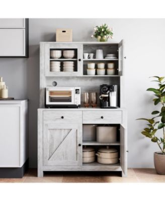 Kitchen Pantry Cabinet with Microwave Shelf,Freestanding Storage Cabinet with Glass Door, Adjustable Shelves and Drawer