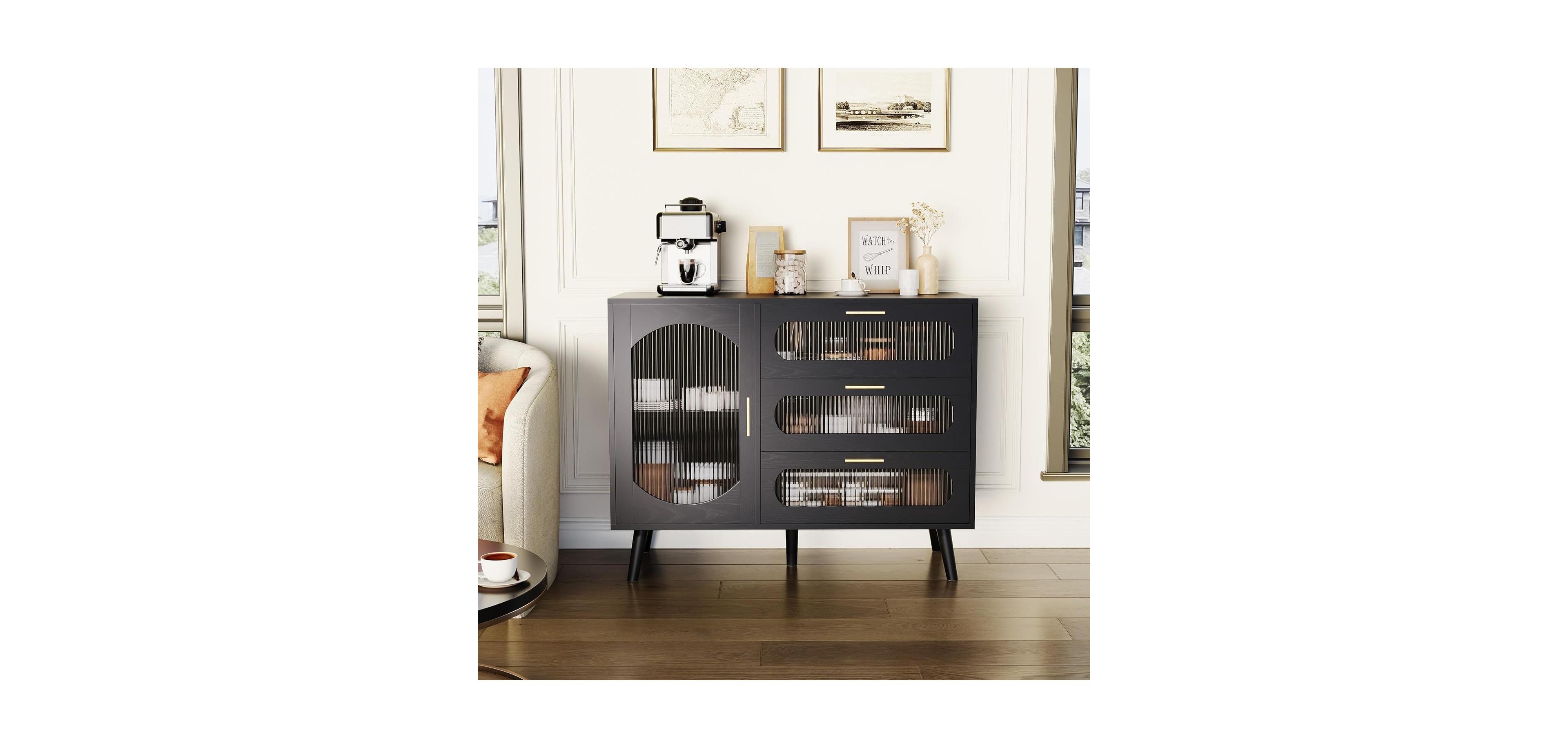 gaomon Modern Black Sideboard Cabinet with 3 Spacious Drawers & Fluted Glass Doors for Dining Room, Kitchen, or Living Room Storage