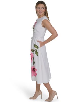 Petite Extended Cap Belted Jewel Neck Midi Dress