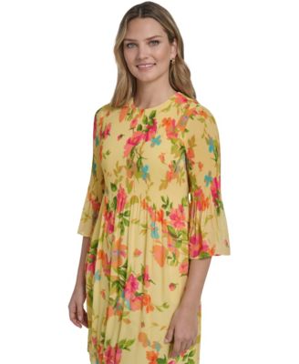 Petite Bell-Sleeve Jewel Neck Pleated Dress