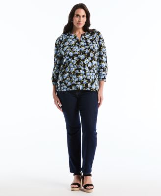 Plus Size Floral Print Shirred 3/4-Length Sleeve Top