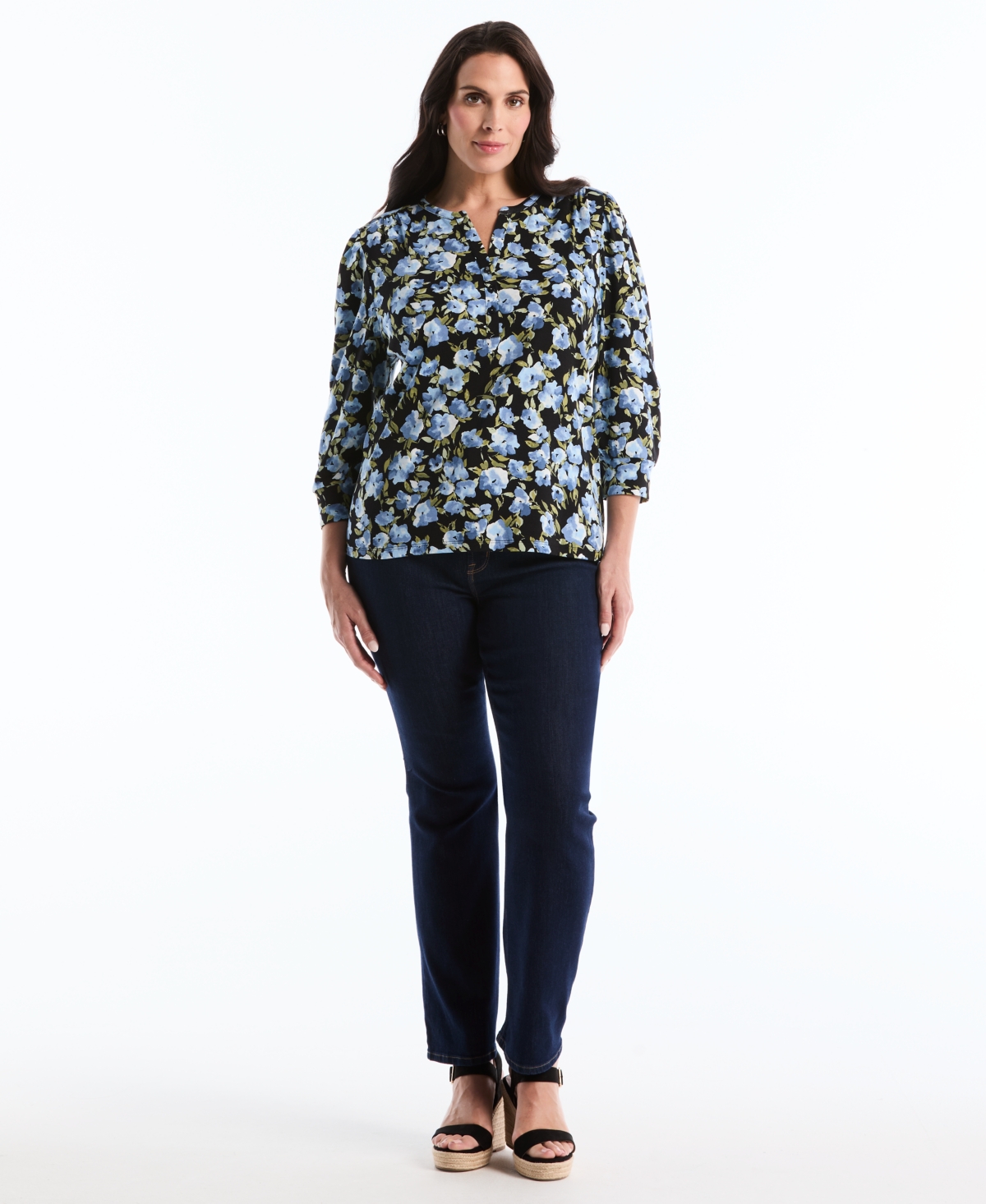 Rafaella Plus Floral Print Shirred 3/4-Length Sleeve Top