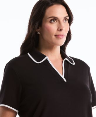 Plus Size Contrast Trim Johnny Collar Polo T-Shirt