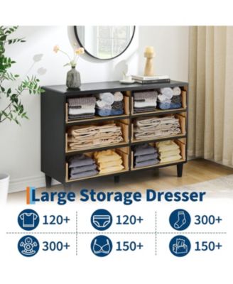 6 Drawers Dresser for Bedroom, 47" Wide Modern Chest of Drawers with Vintage Circle Handle w/Curved Profile Design, Wood Dresser for Bedroom