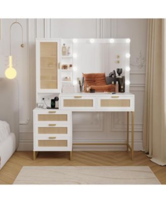Vanity Benches, Modern Makeup Vanity Desk with Adjustable Mirror, Built in Charging Station, 5 Drawers