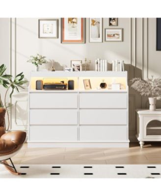 Dresser for Bedroom, 6 Drawer Dresser with LED Lights and Charging Station, Wide Chest of 6 Drawers with Open Space