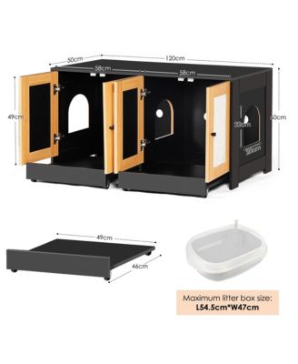 double cat litter box enclosure with rattan doors and pull out tray