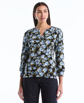 Petite Floral Print Shirred Henley Neck Top