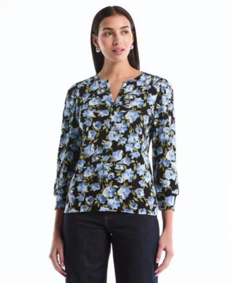 Petite Floral Print Shirred Henley Neck Top - Black