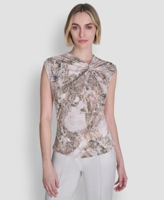 Women's Sleeveless Printed Asymmetrical Neck Knit Top