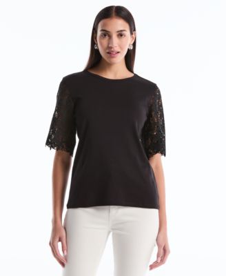Petite Draped Lace Crew Neck Top