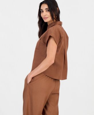 Petite Linen-Blend Short-Sleeve Button-Front Shirt